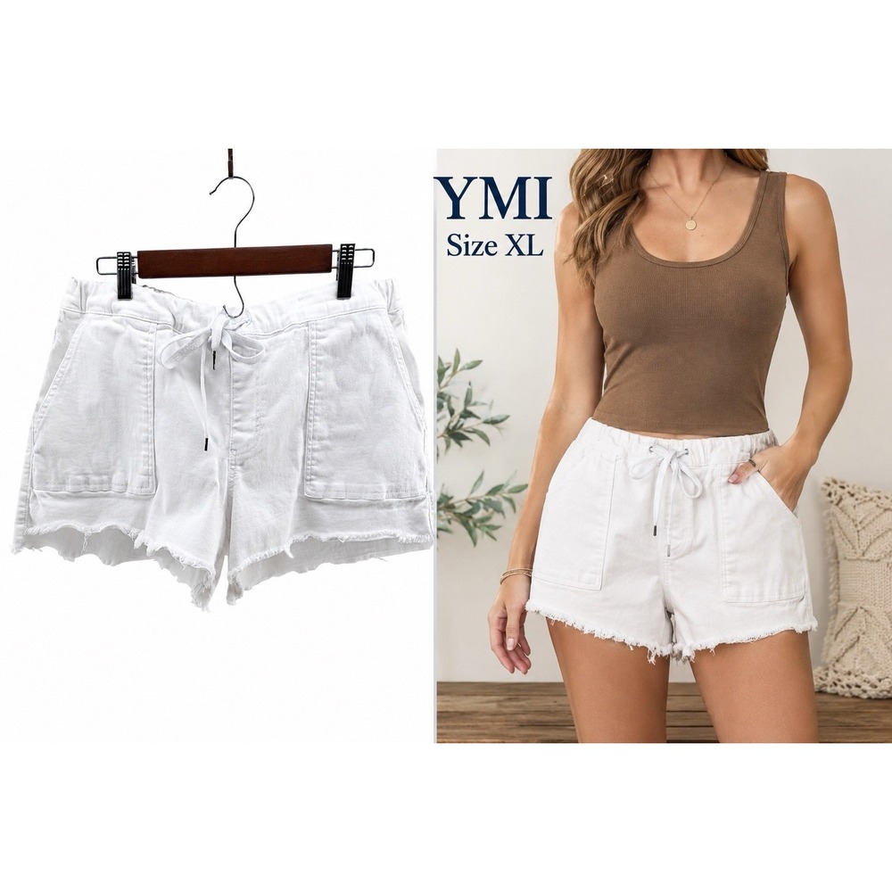 YMI White Frayed Drawstring Shorts Women's XL Pull On Patch Pocket Casual
